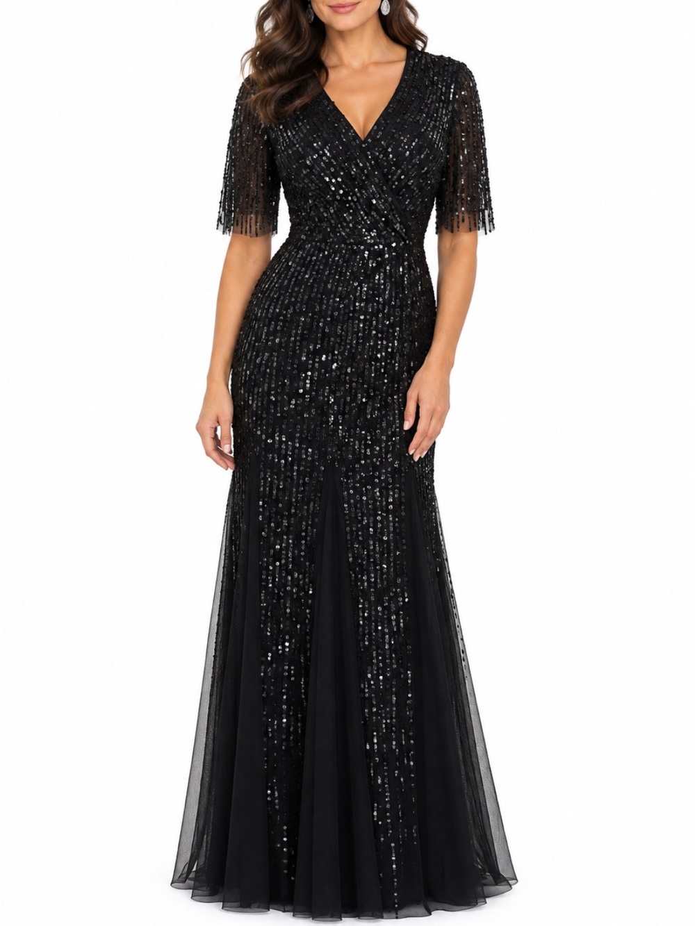 Adrianna Papell V-Neck Flutter Sleeve Sequin Size 14 NWOT Evening Gown